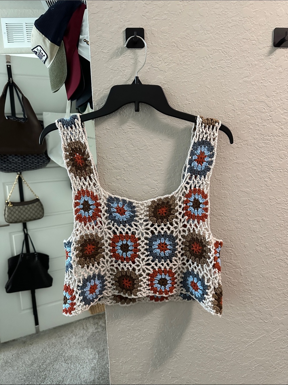 RSQ Crochet Square-Panel Crop Top in Cream, Blue & Brown